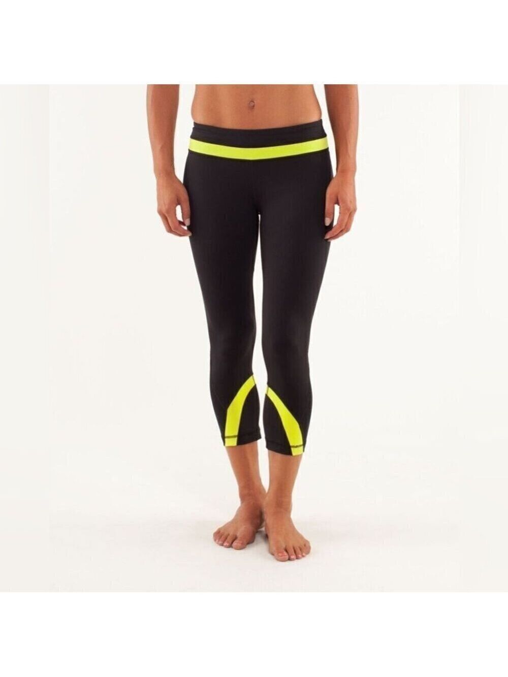 Lululemon Run Inspire Crop II Size 6 Women's Black/Yellow W6830S Style Number